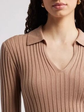 NWT- Calvin Klein Fari Rib-Knit Sleeved Carmel Johnny Collar Polo Sweater Size S